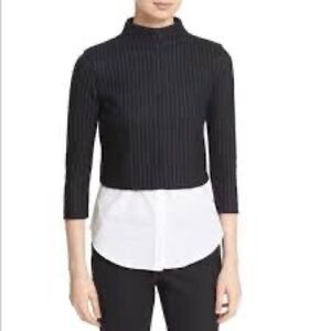 NWOT THEORY Melbourne Gracila Navy Pinstriped Wool Blend 3/4 Sleeve Top Size M